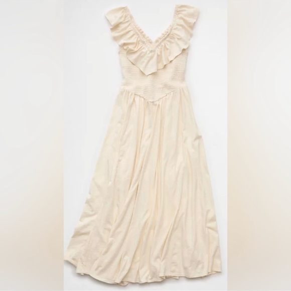 NWT American Eagle Outfitters sun chaser drop waist Cream Ruffle Midi Dress - Picture 4 of 7